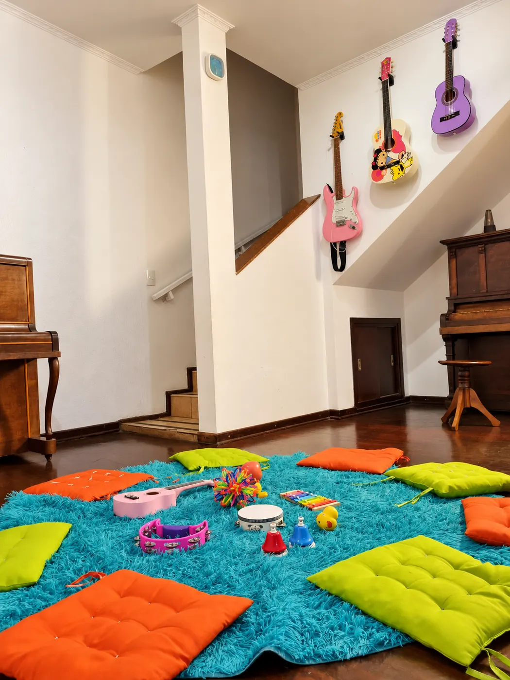 Piano acústico integrado ao espaço de musicalização na Escola Giro